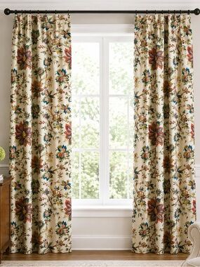 Pair Waverly Home Clasics Cotton Jacobean Floral Print Curtain Panels Unlined 48